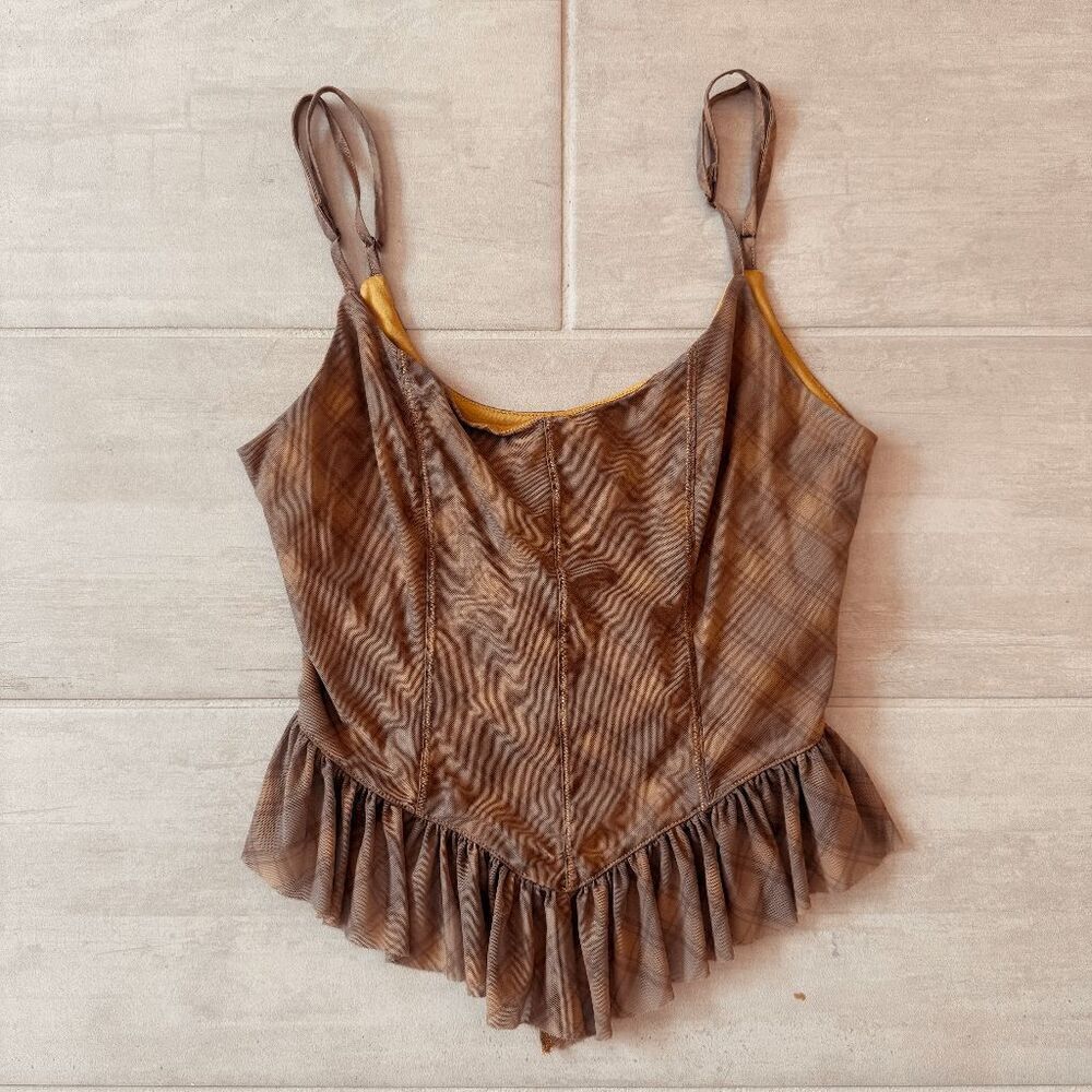 Urban Outfitters Brown Plaid Mesh Camisole Top Ruffled Peplum Hem Sorset-style M